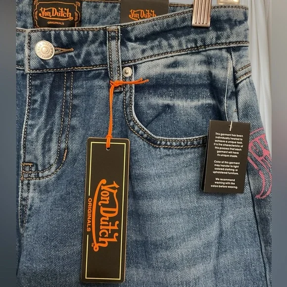 Von Dutch Wide Leg Dark Blue Denim Logo Patch Jeans RARE!! New with tags!! - Picture 4 of 10